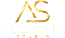 Logotipo dorado “AS” sobre el texto tenue “ALEGRIA STUDIO” sobre un fondo blanco.