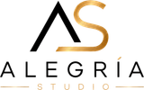 Logotipo de Alegr&iacute;a Studio con las iniciales &ldquo;AS&rdquo; estilizadas en negro y dorado sobre el nombre en texto negro y dorado.