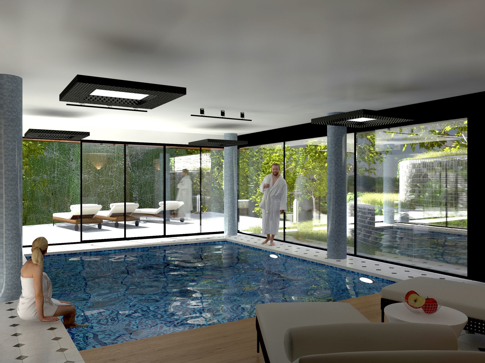 Piscine intérieur avec baies vitrées