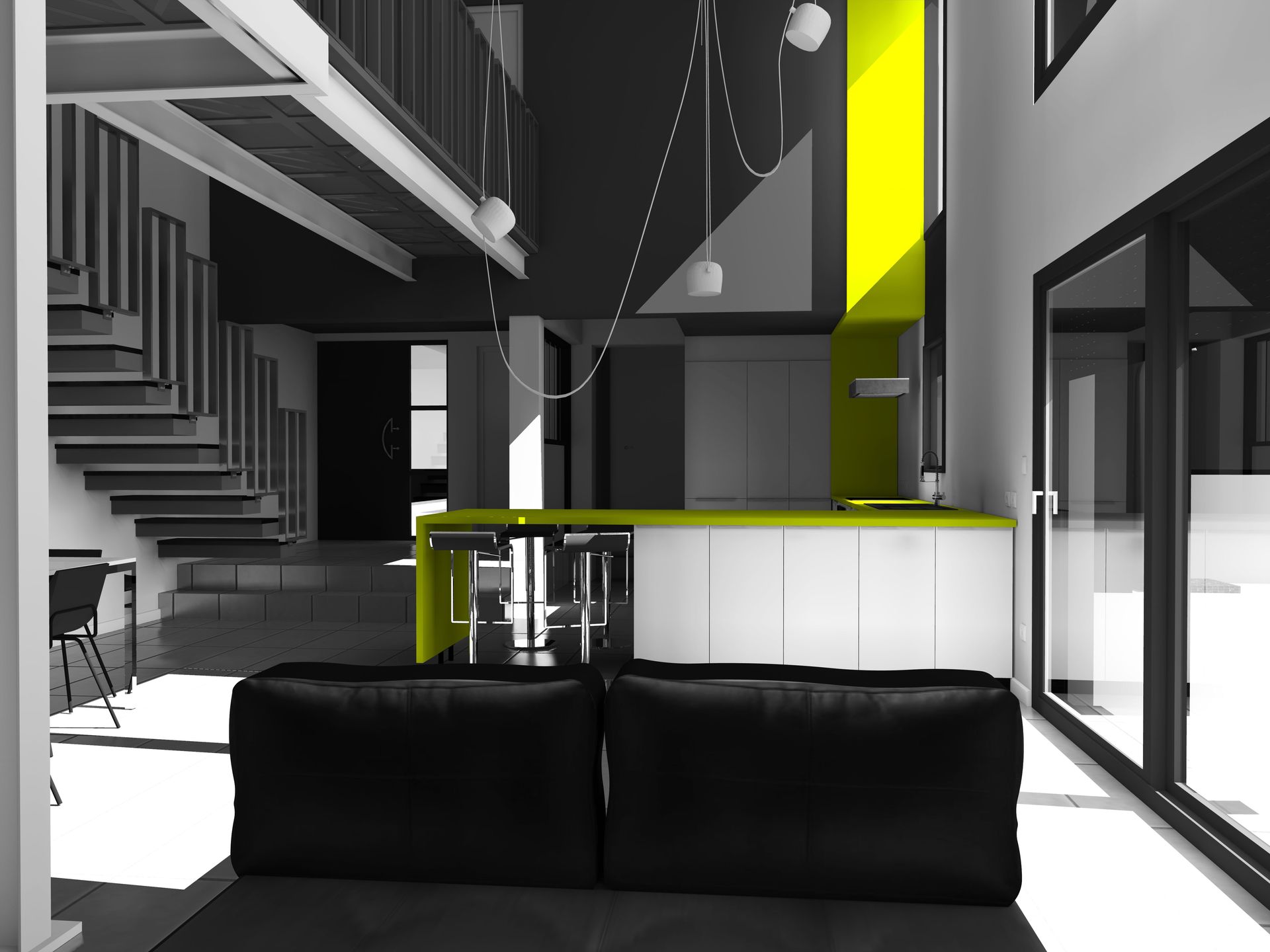 Cuisine ouverture avec couleur verte sur fond noir et blanc