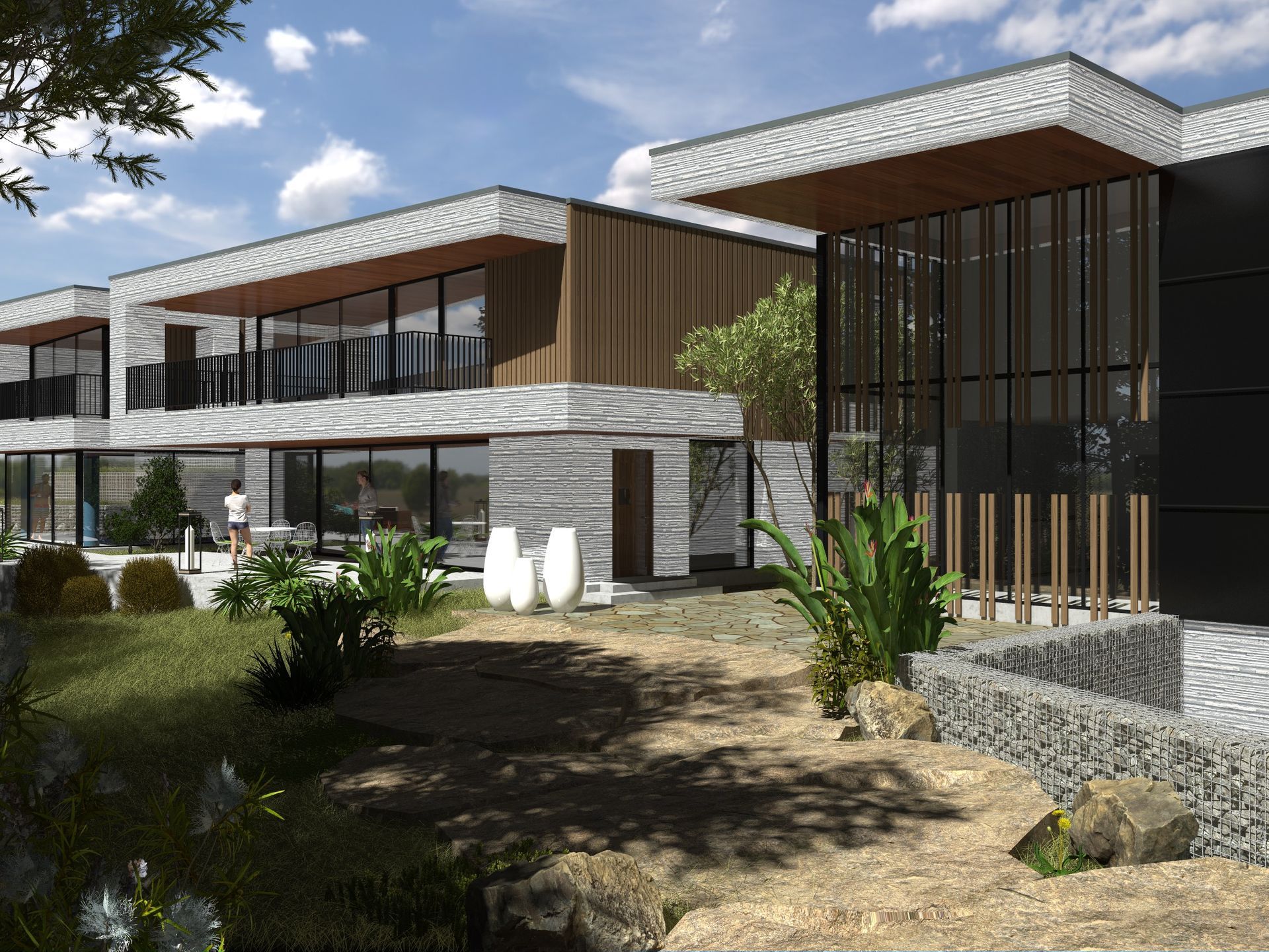 Maison moderne avec vases blancs