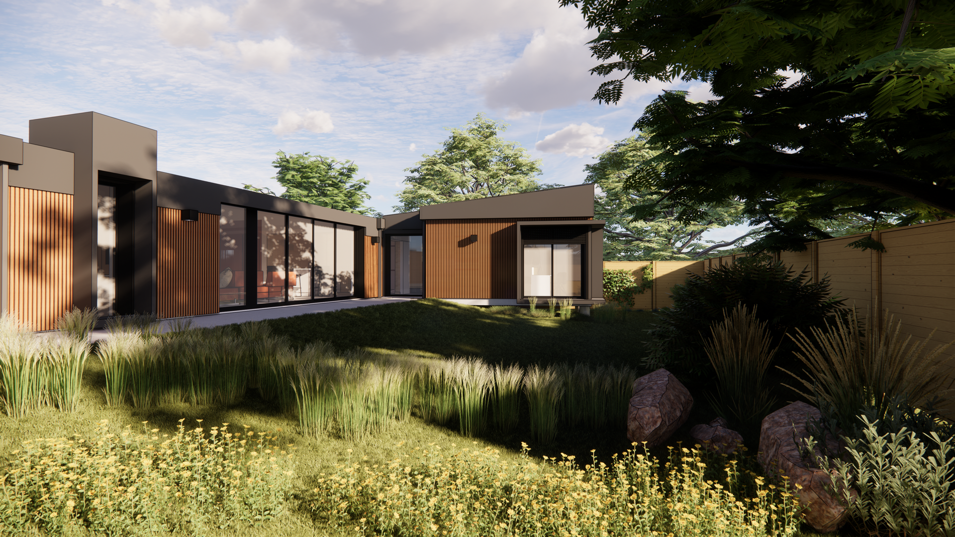 Image 3D d'une maison avec un bardage en bois