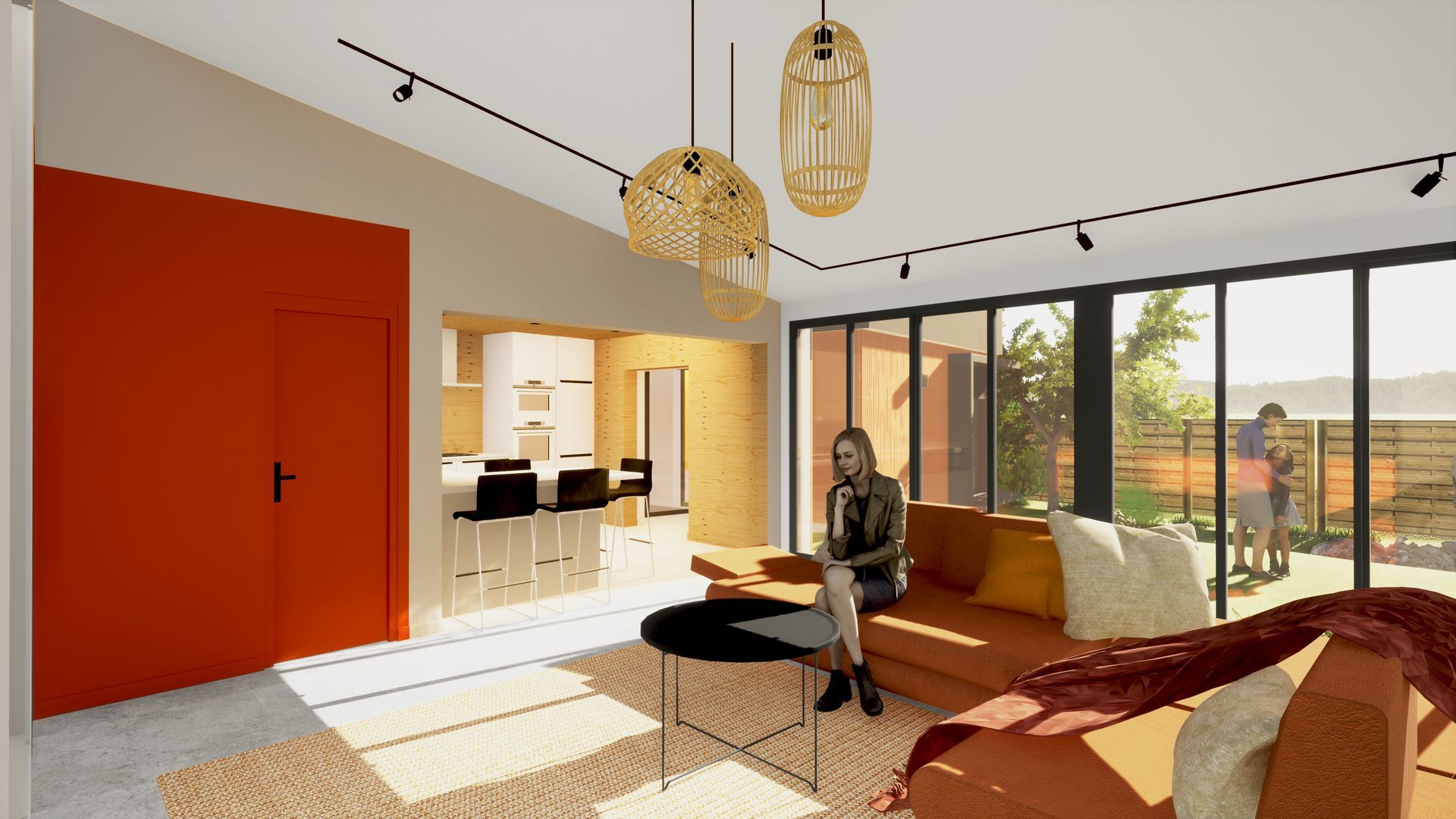 Image 3D d'un salon avec une femme assise