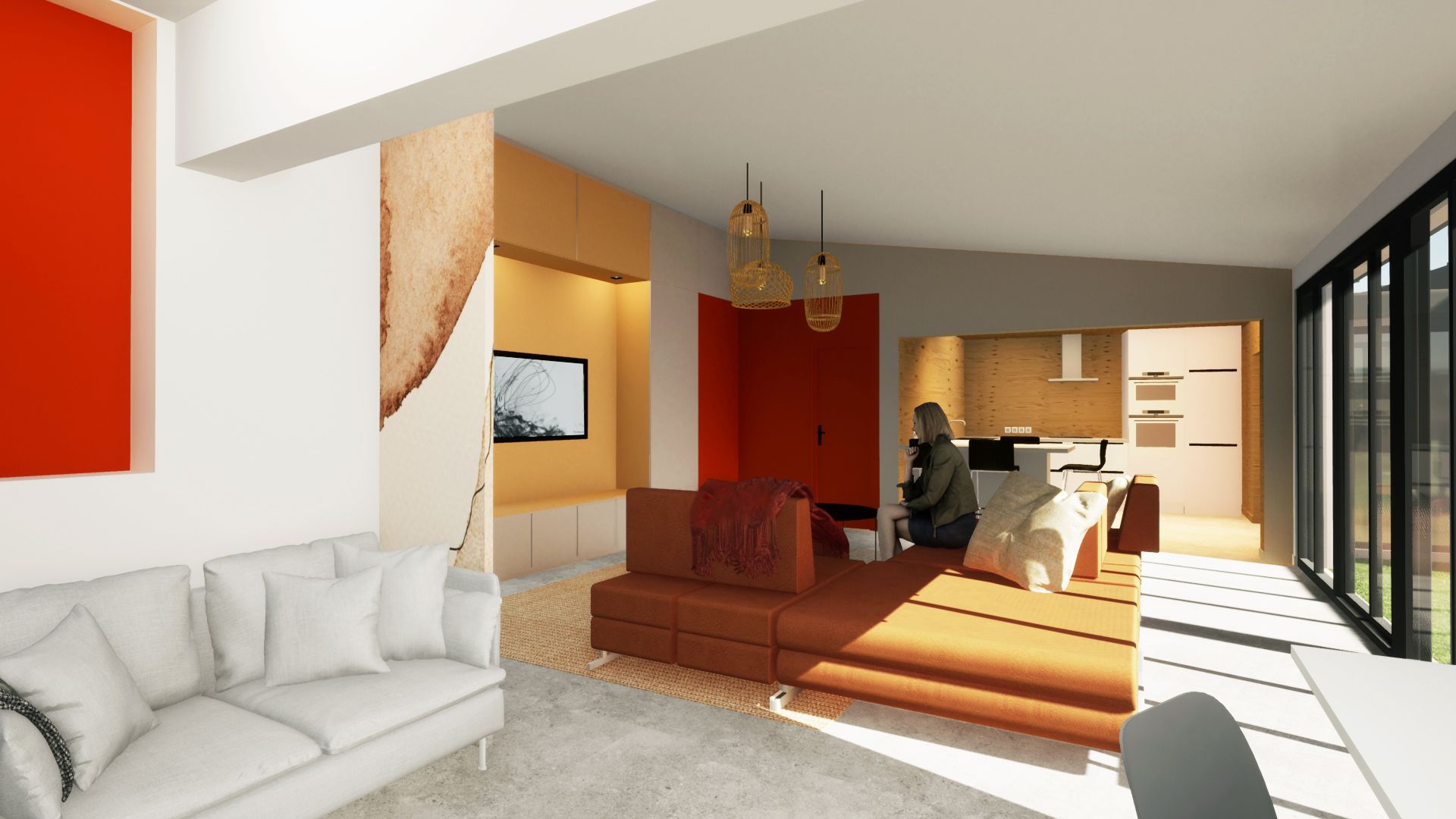 Image 3D d'un salon avec une femme assise sur un canapé orange