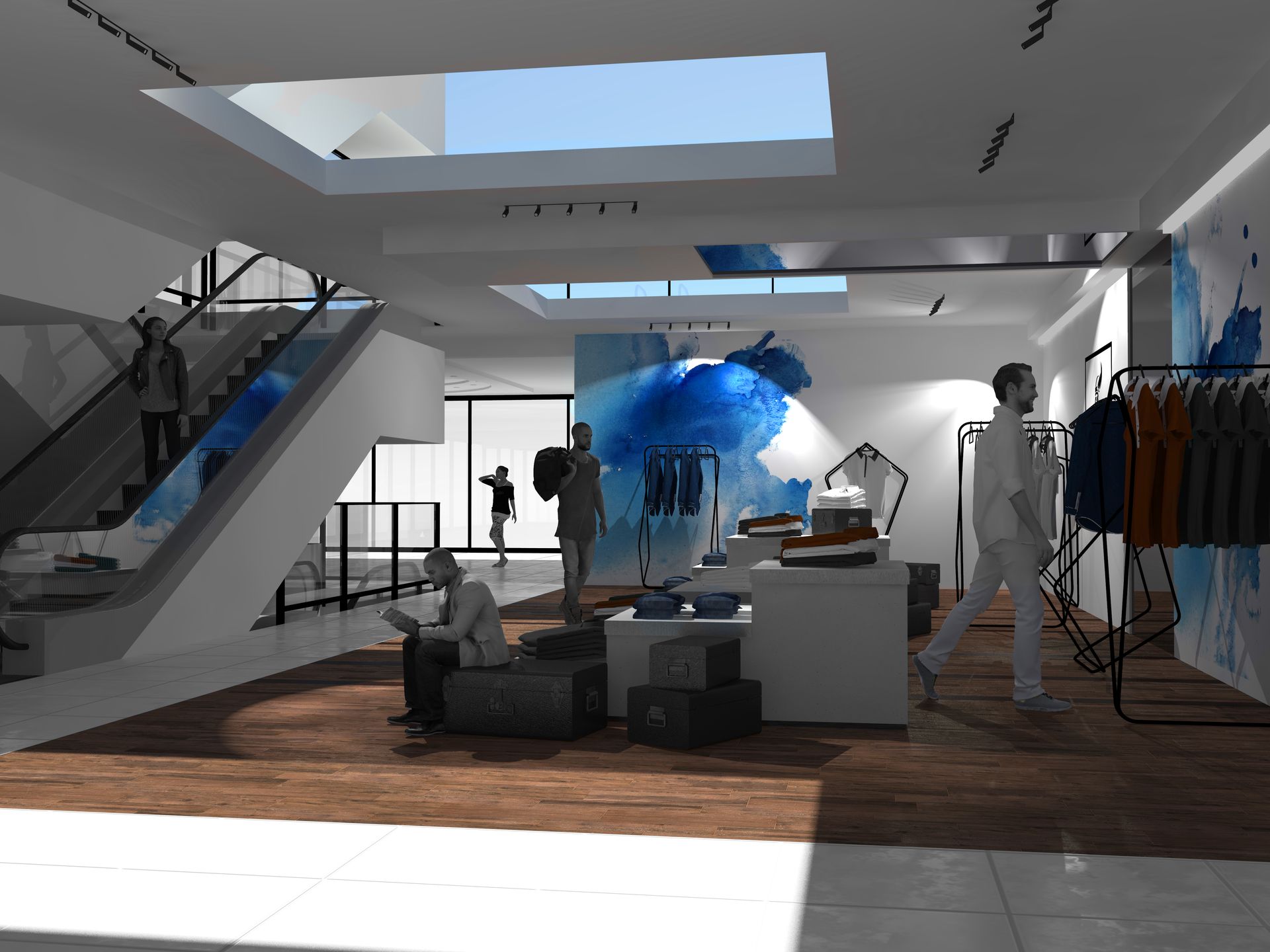 Image 3D de l'intérieur d'un magasin de vêtement avec une personne debout