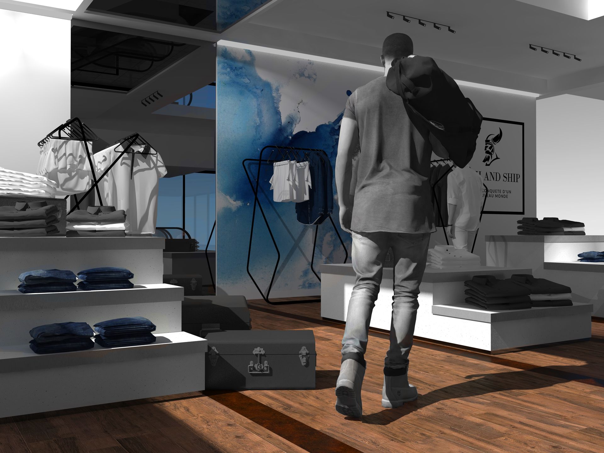 Image 3D de l'intérieur d'un magasin de vêtement avec une personne debout tenant un sac