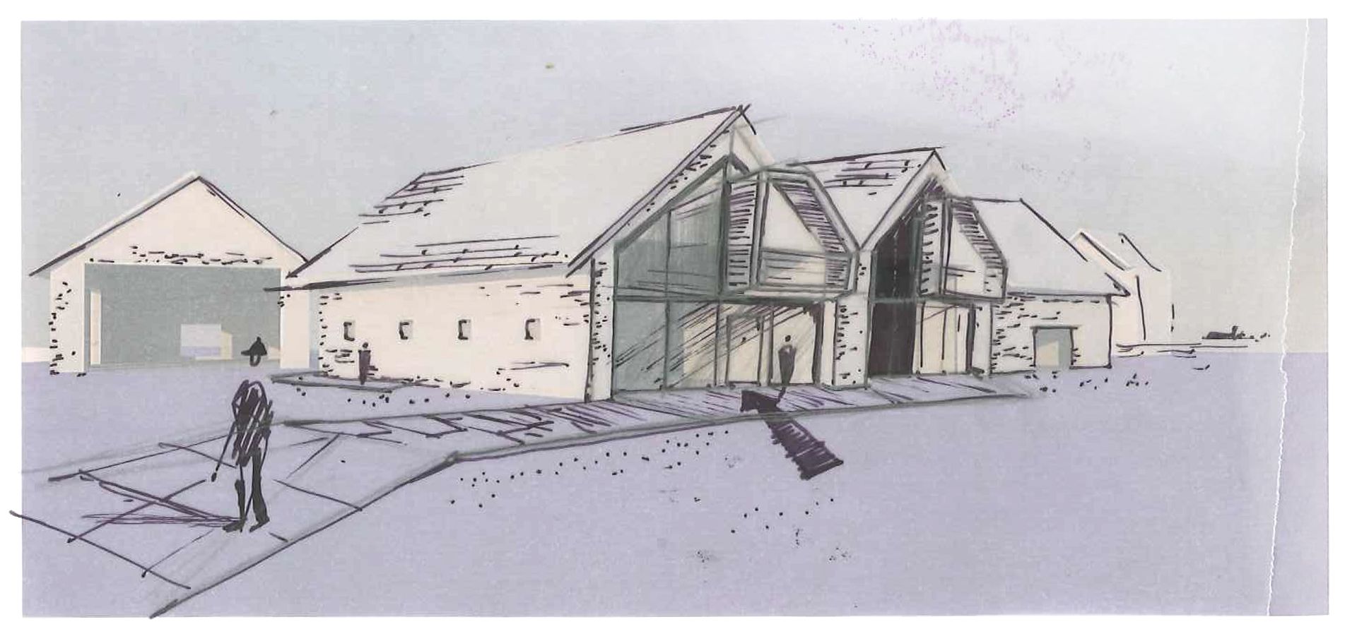 Croquis d'un corps de ferme avec une baie vitrée