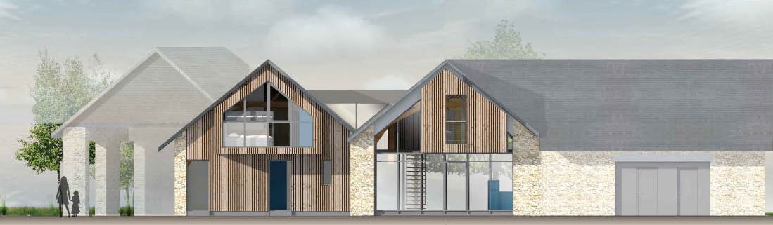 Image 3D d'un plan de coup d'un corps de ferme avec escalier