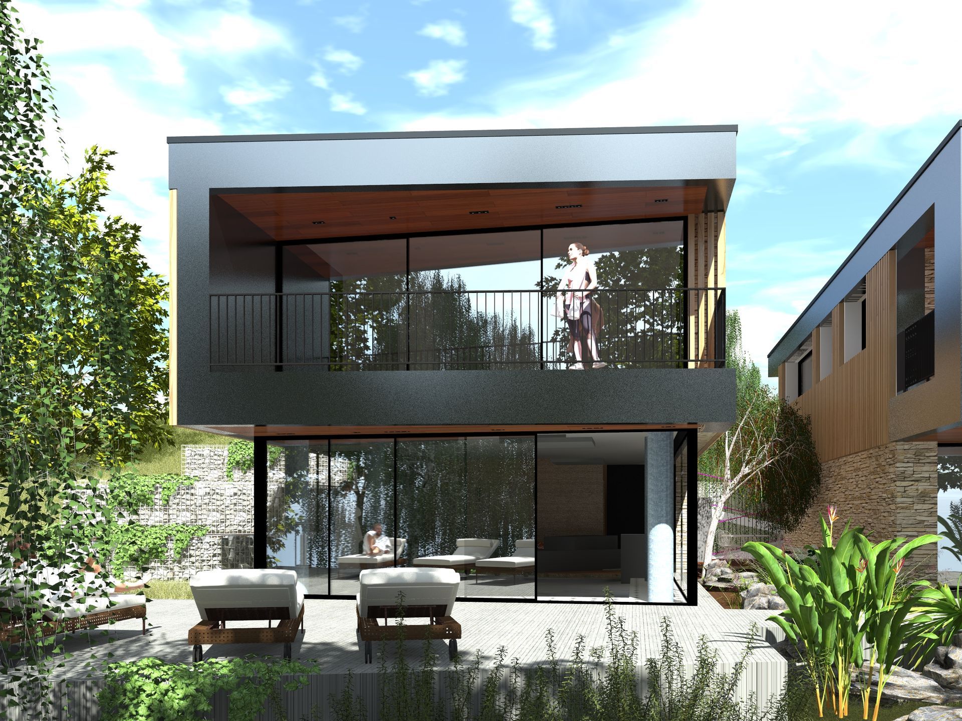 Deux bains de soleils sur terrasse devant une maison moderne