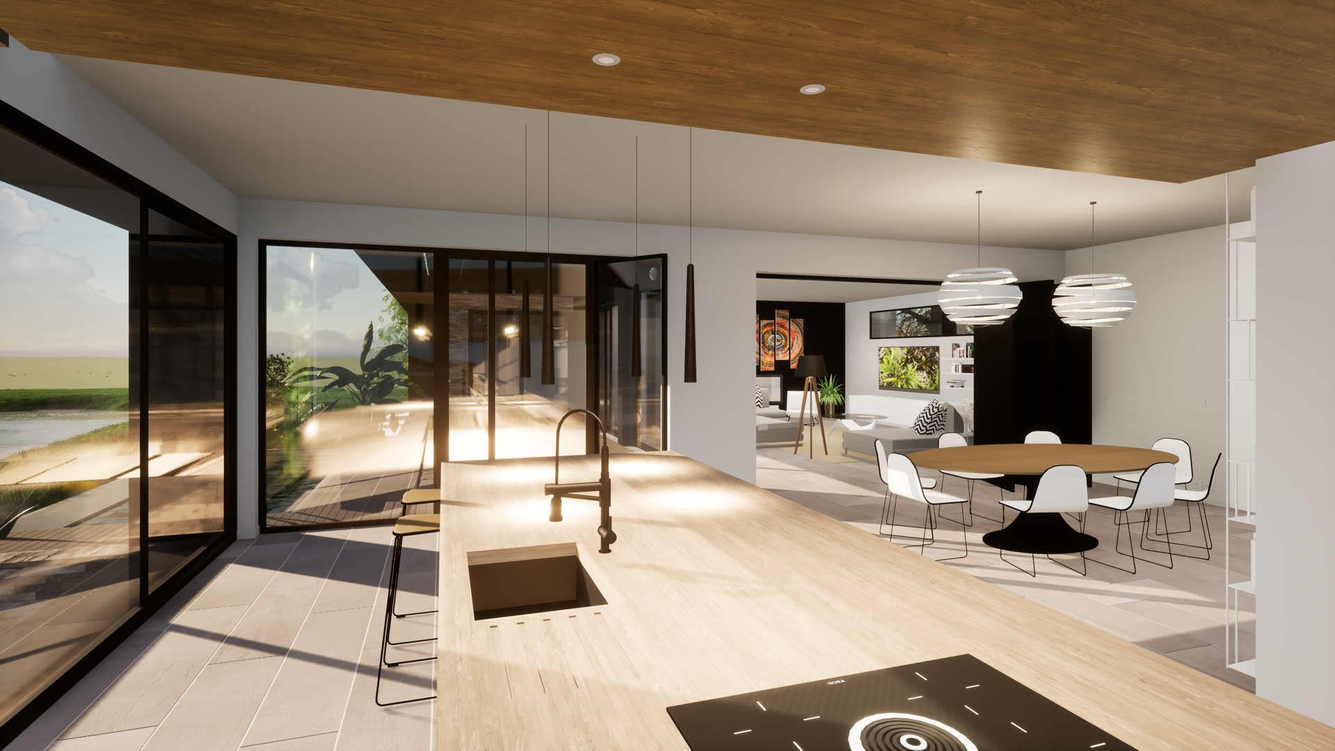 Intérieur 3D d'une cuisine ouverte