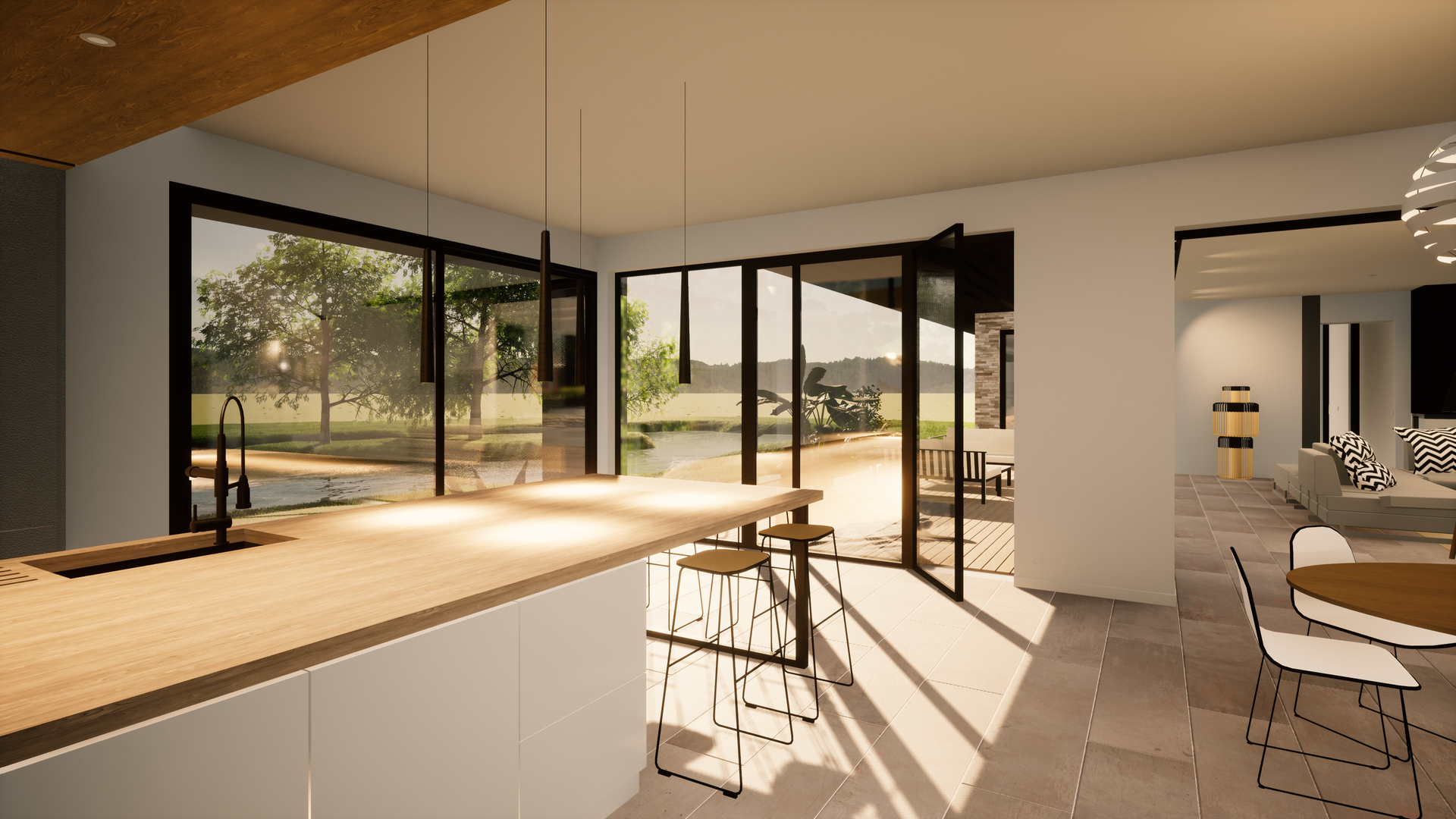 Intérieur 3D d'une cuisine ouverte avec chaises hautes