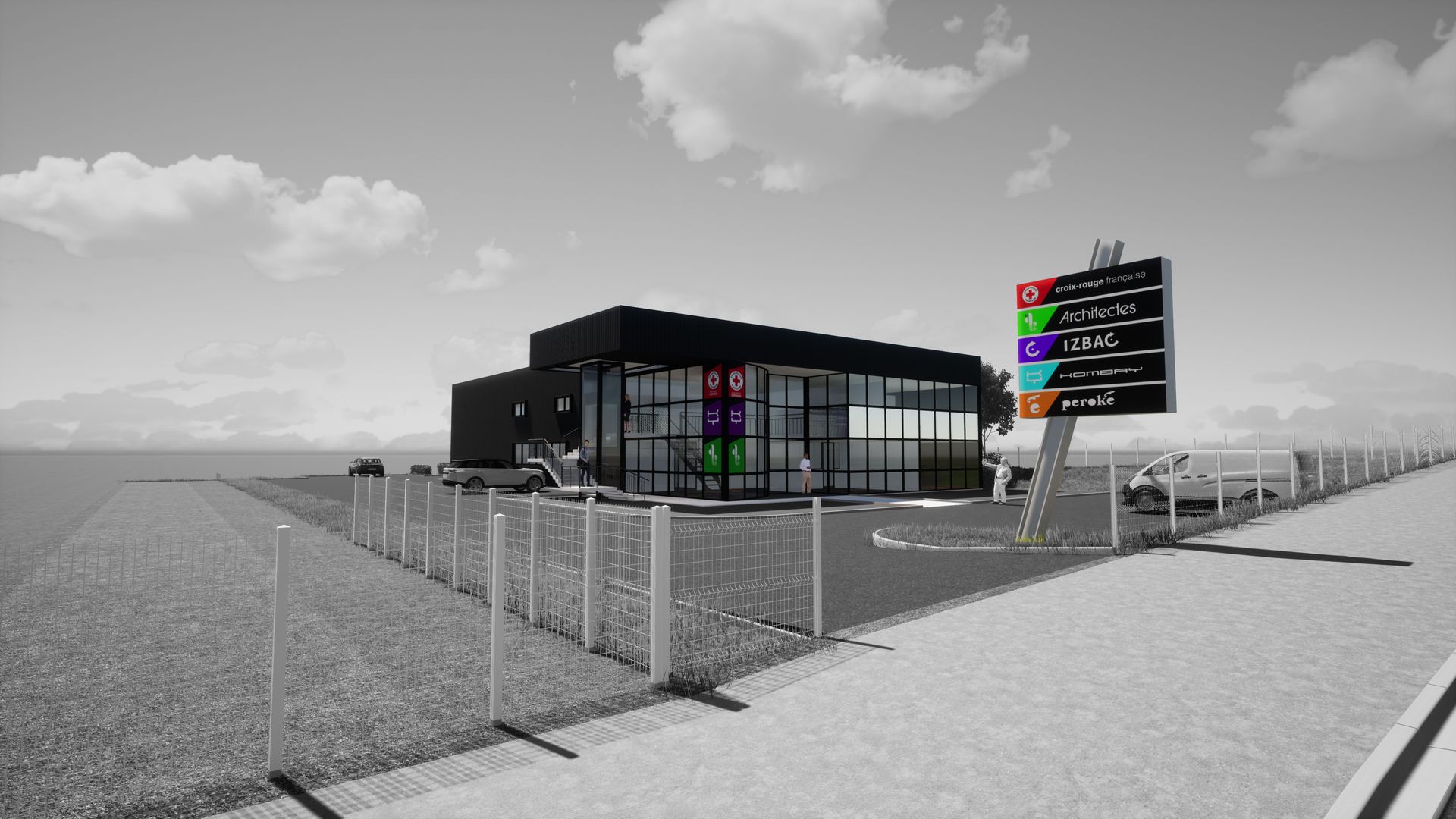 Image 3D d'un bâtiment avec panneau d'affichage