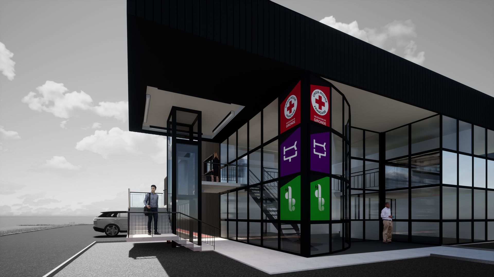 Image 3D d'un bâtiment avec pictogrammes dessus