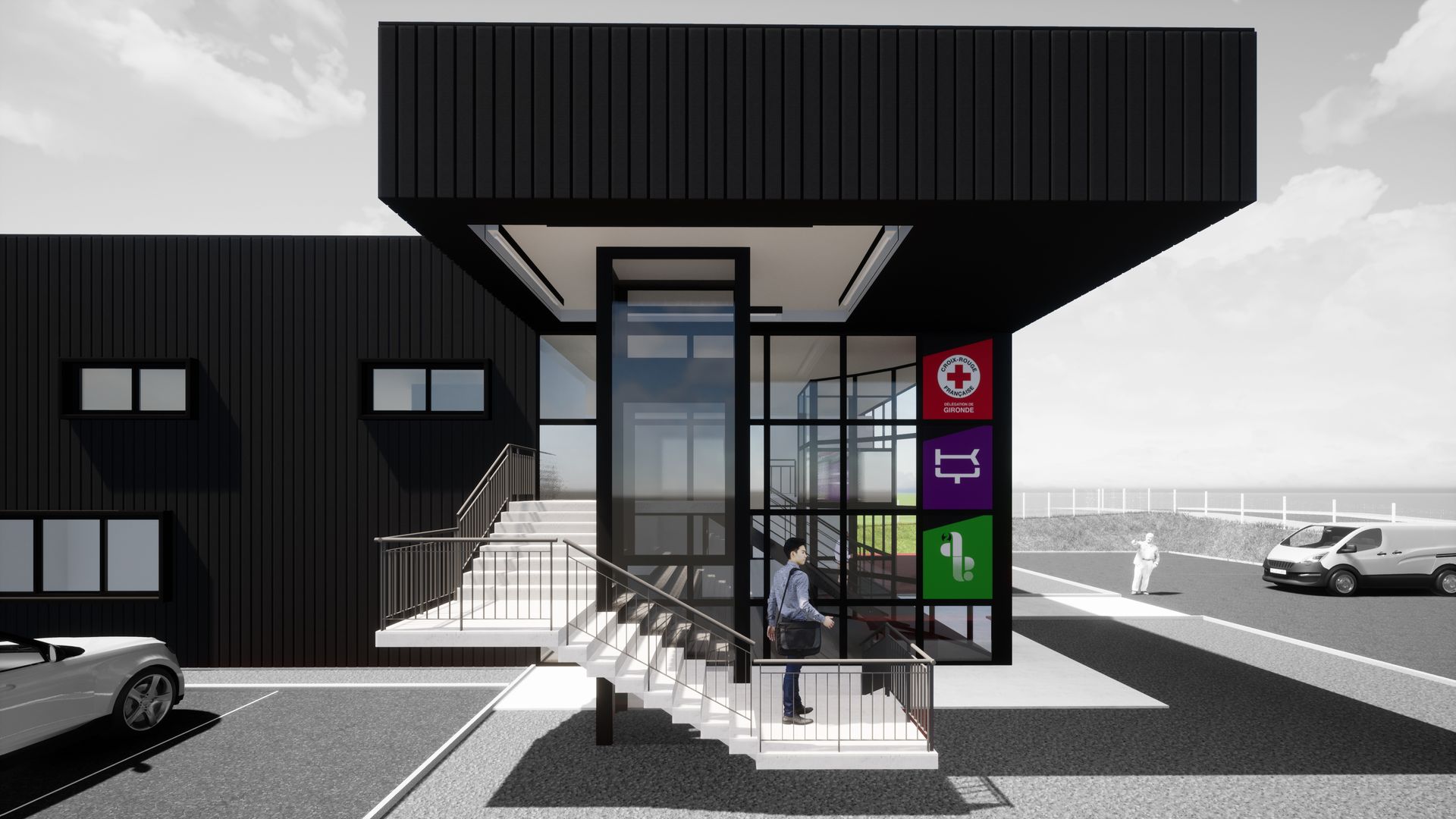 Image 3D d'un bâtiment avecune personne dans l'escalier