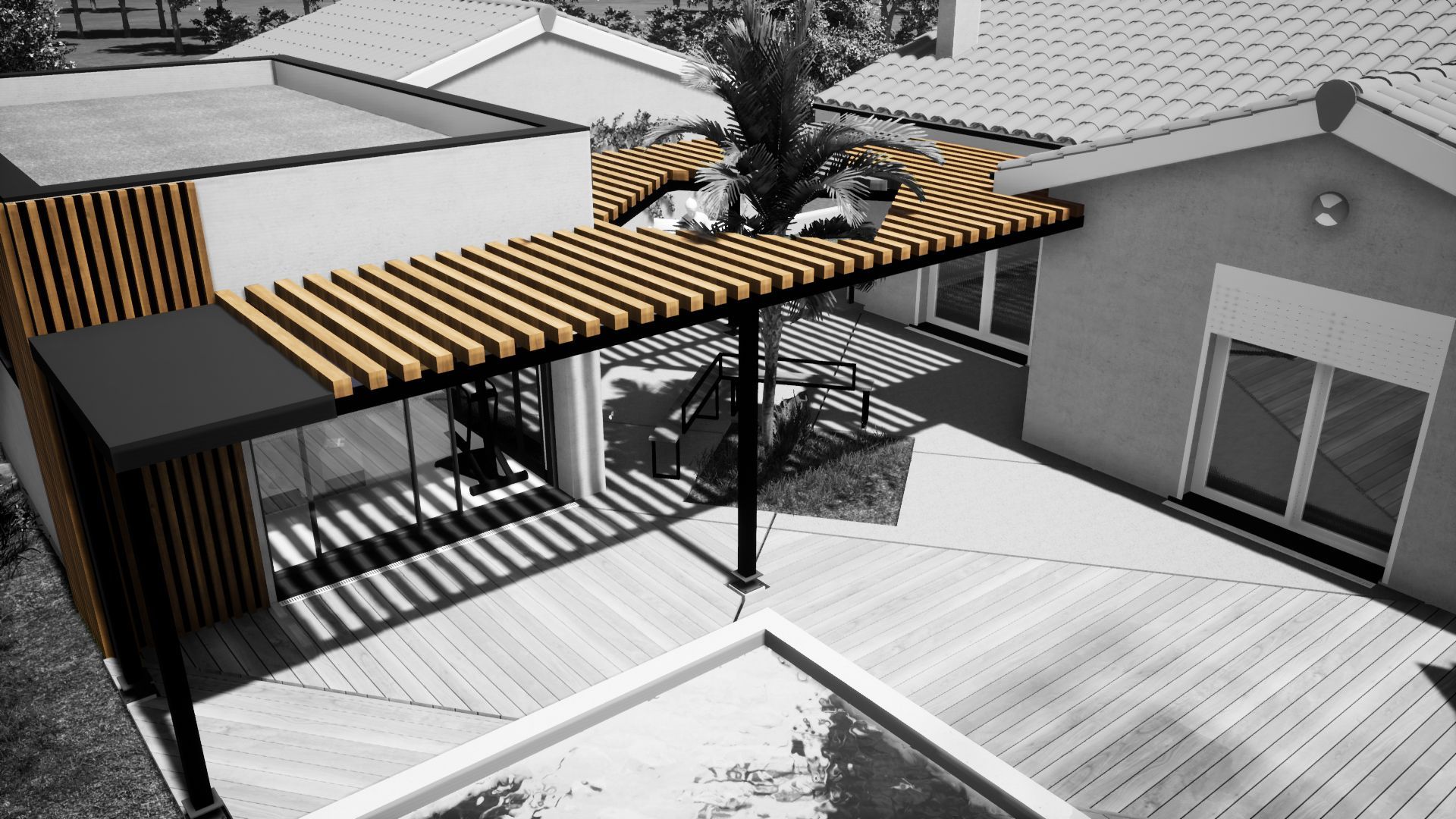 Ajout 3D sur photo réelle d'une maison avec piscine