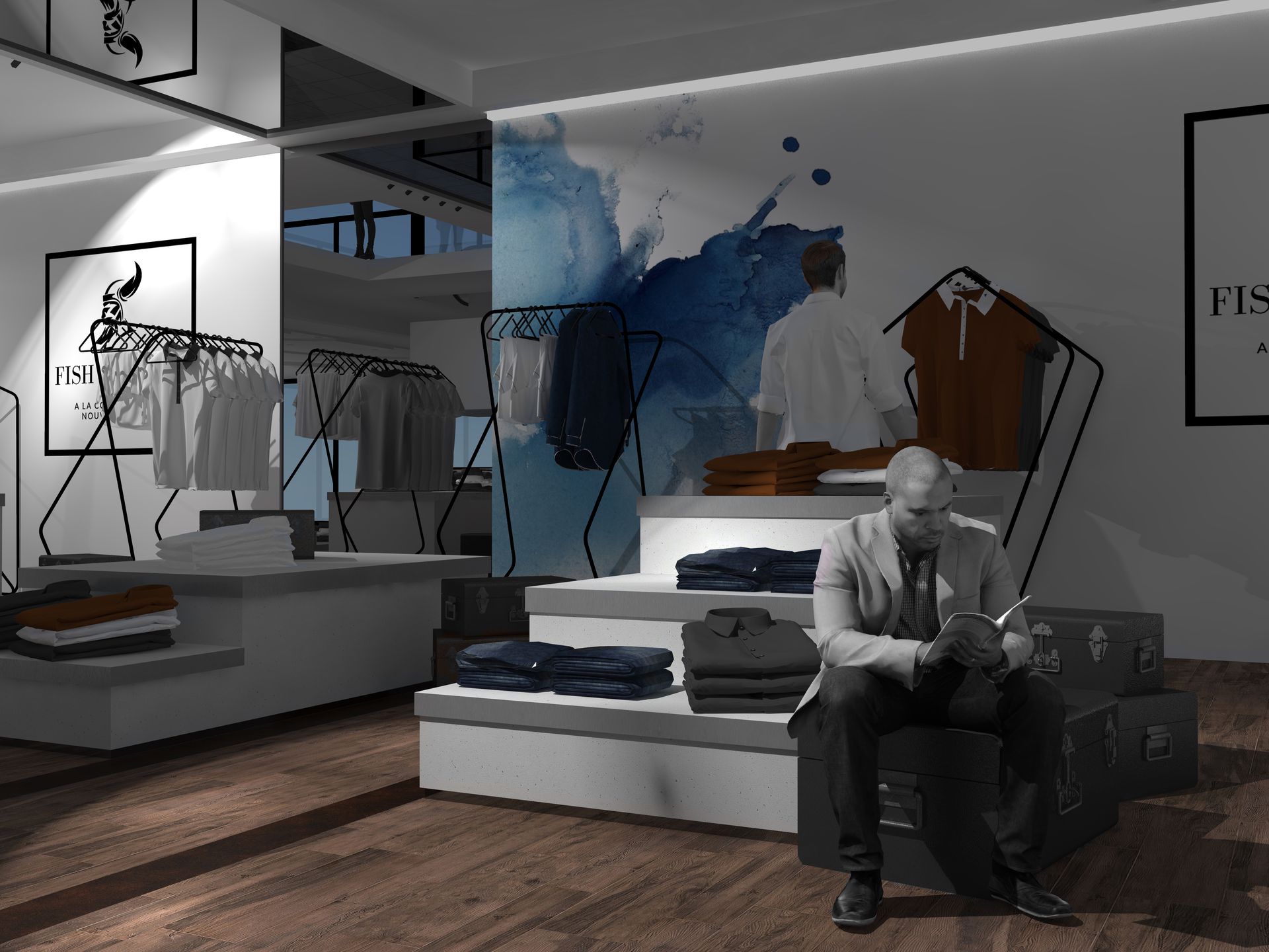 Image 3D de l'intérieur d'un magasin de vêtement avec une personne assise