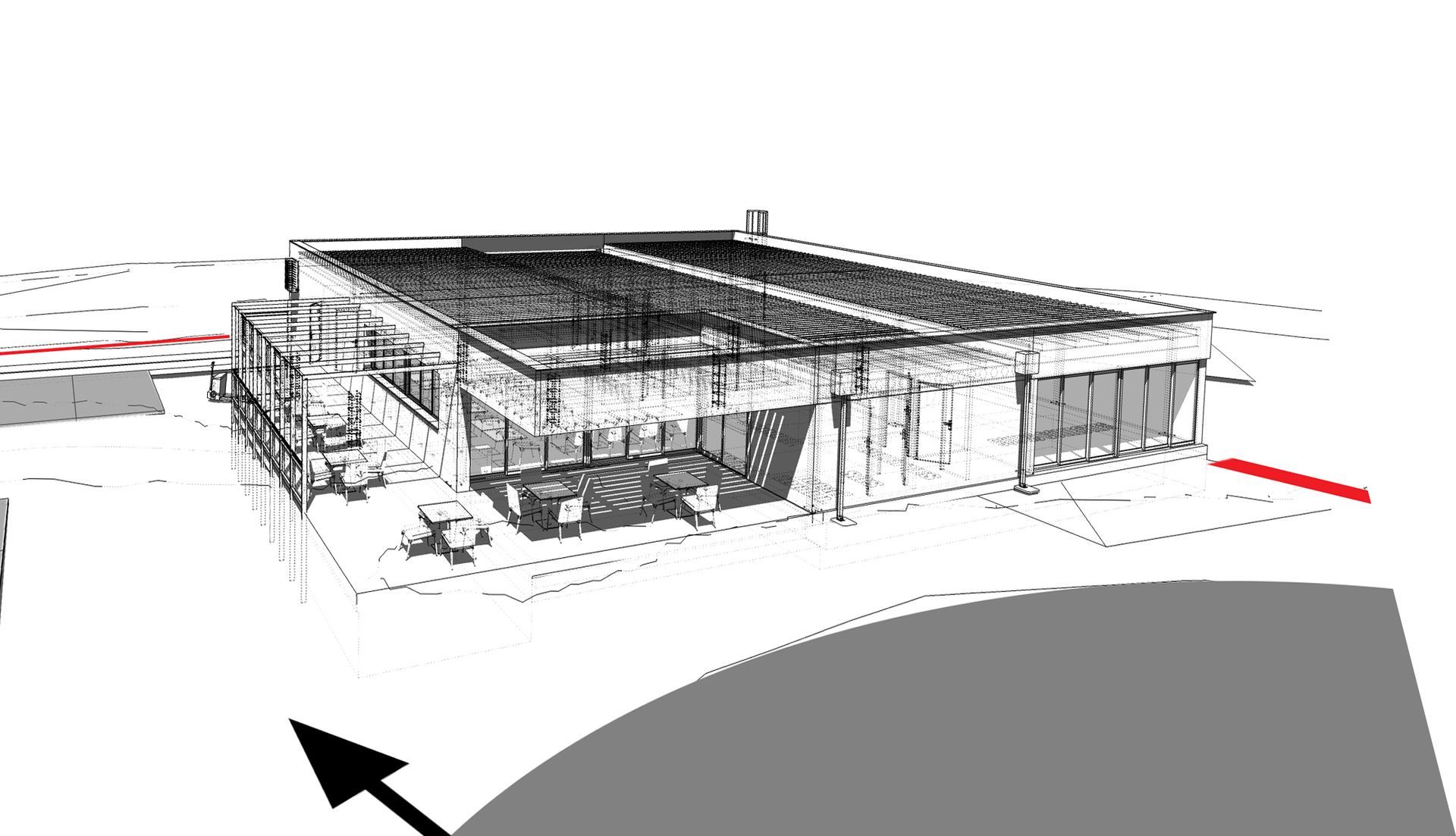 Croquis d'un bâtiment avec un curseur d'ordinateur