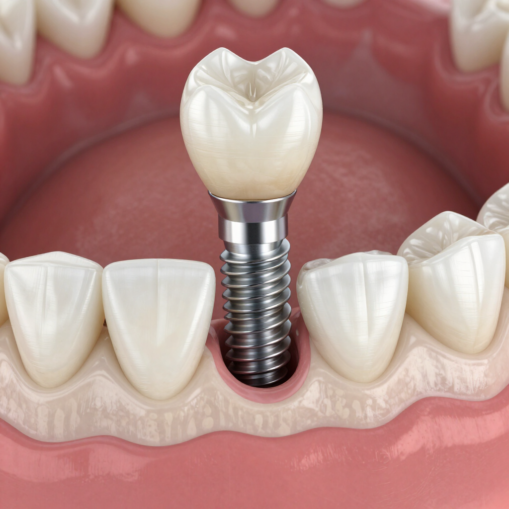 Implante dental con corona en la mandíbula inferior, mostrado entre los dientes frontales de un modelo de boca