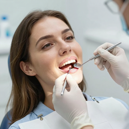 Dentista examinando la boca abierta de un paciente con instrumentos en una clínica luminosa