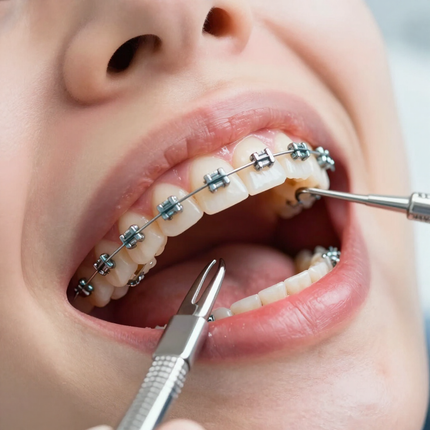 Ajuste de los brackets dentales con herramientas de ortodoncia en una boca abierta