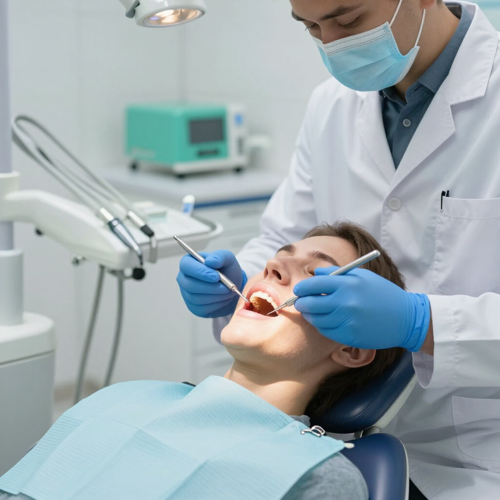 Dentista con bata blanca y guantes azules examinando la boca abierta de un paciente en una clínica dental