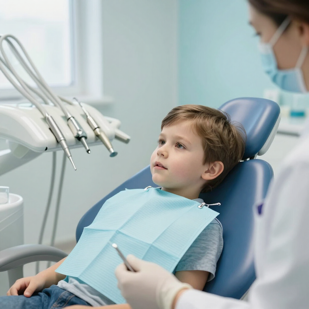 Un niño en el sillón dental con un babero mientras el dentista prepara los instrumentos a su lado