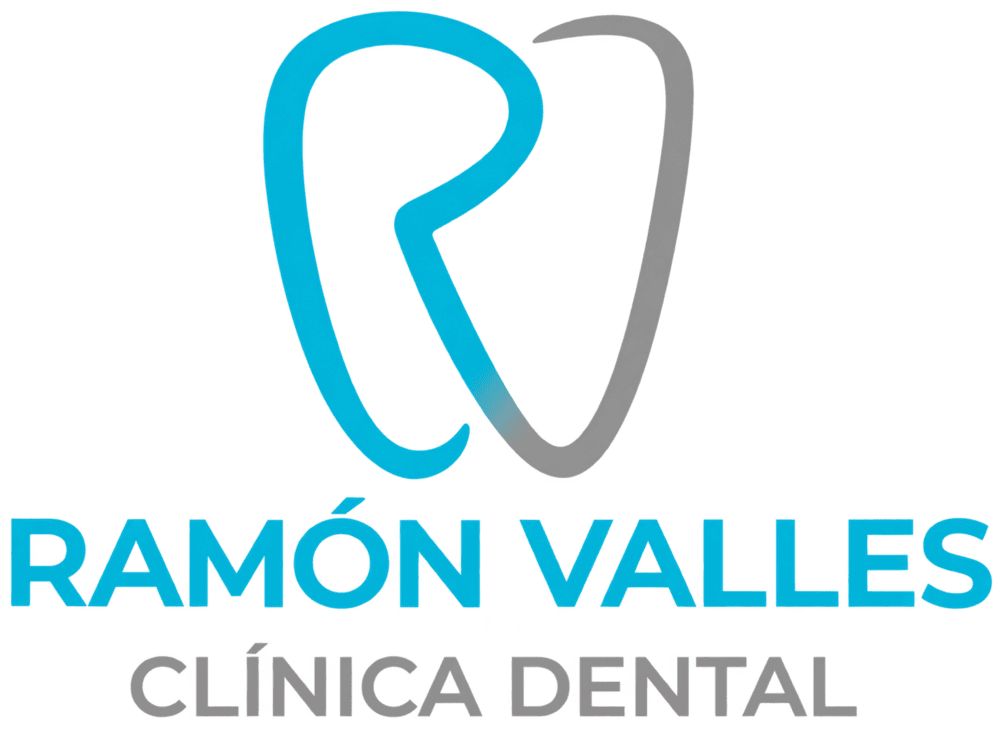 Logotipo de Ramón Valles Clínica Dental en azul y gris con un icono con forma de diente