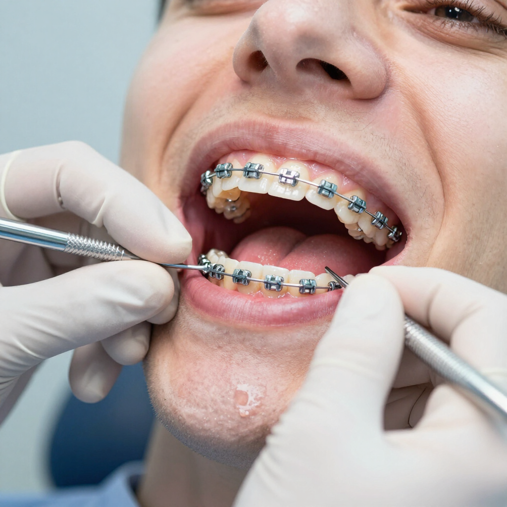 Dentista ajustando los brackets superiores e inferiores de un paciente con las manos enguantadas y herramientas dentales