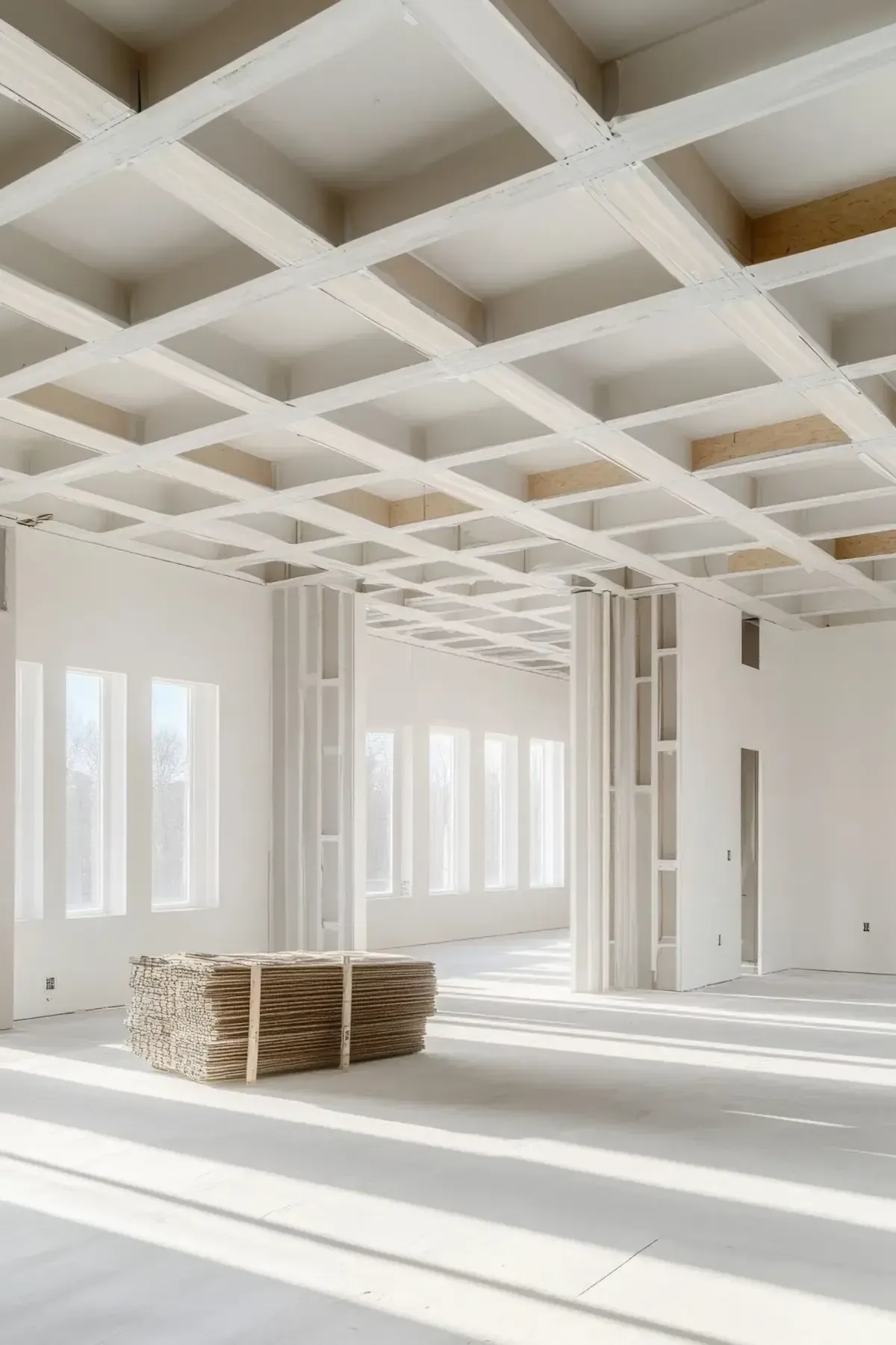 Vista interior de un edificio en construcción, con una rejilla de techo expuesta, paneles de yeso y una pila de madera.
