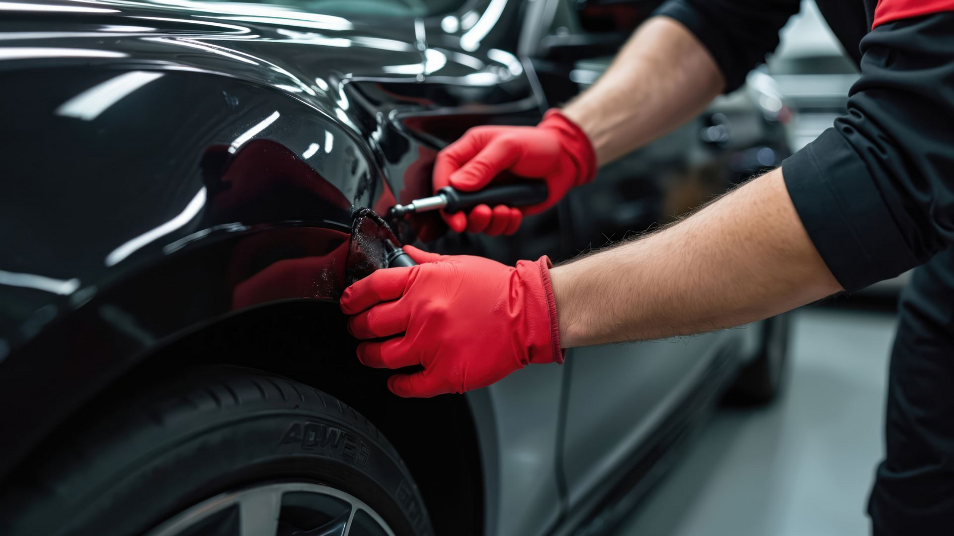 Le technicien redresse une aile de voiture.