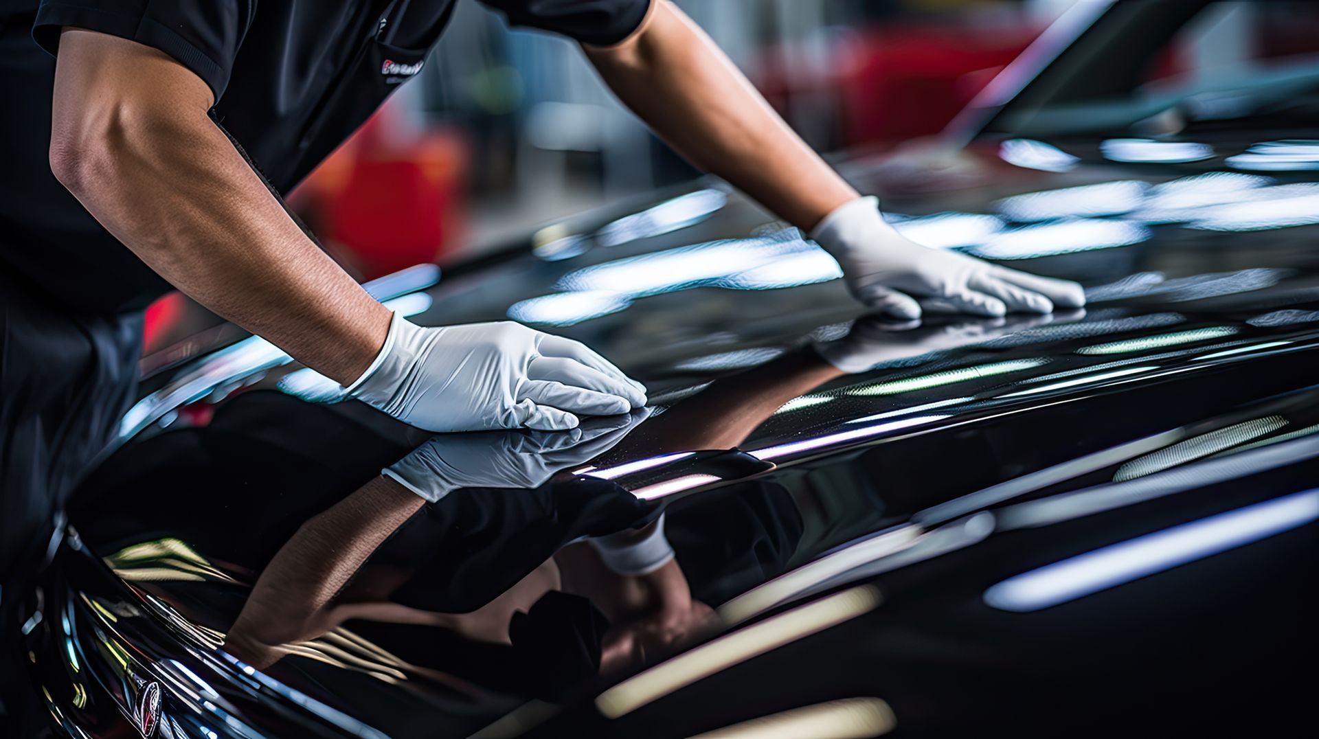 Un technicien pose les mains sur un capot de voiture.
