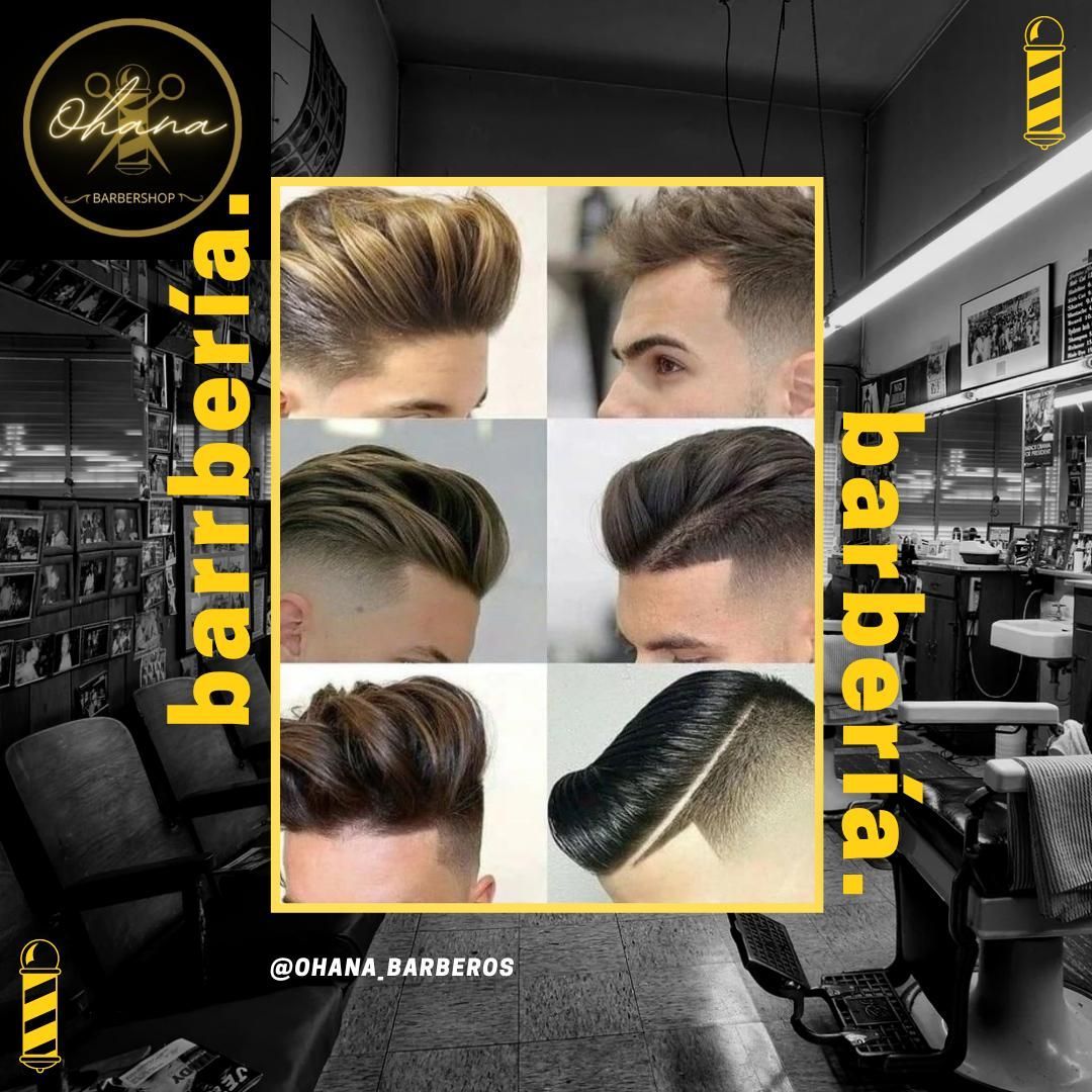 Un collage de cortes de pelo de hombres en una barbería.