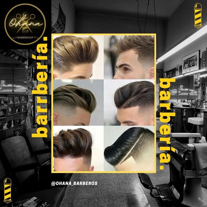 Un collage de cortes de pelo de hombres en una barbería.