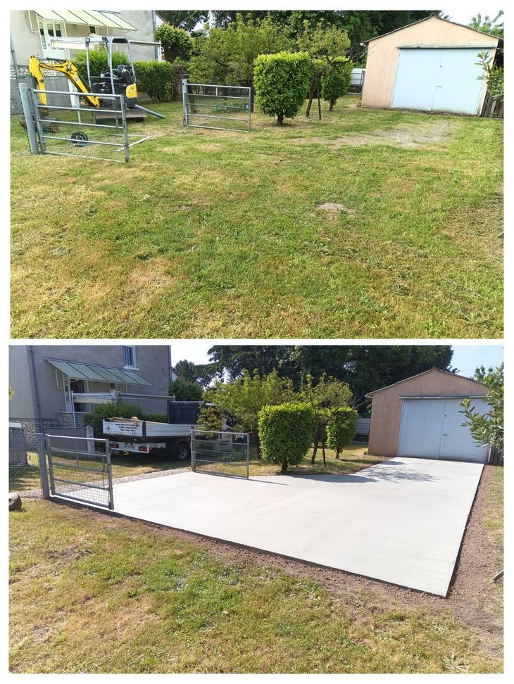 Avant et après dans le jardin : la pelouse a été remplacée par une terrasse en béton clair à côté d’un garage et d’un trampoline.