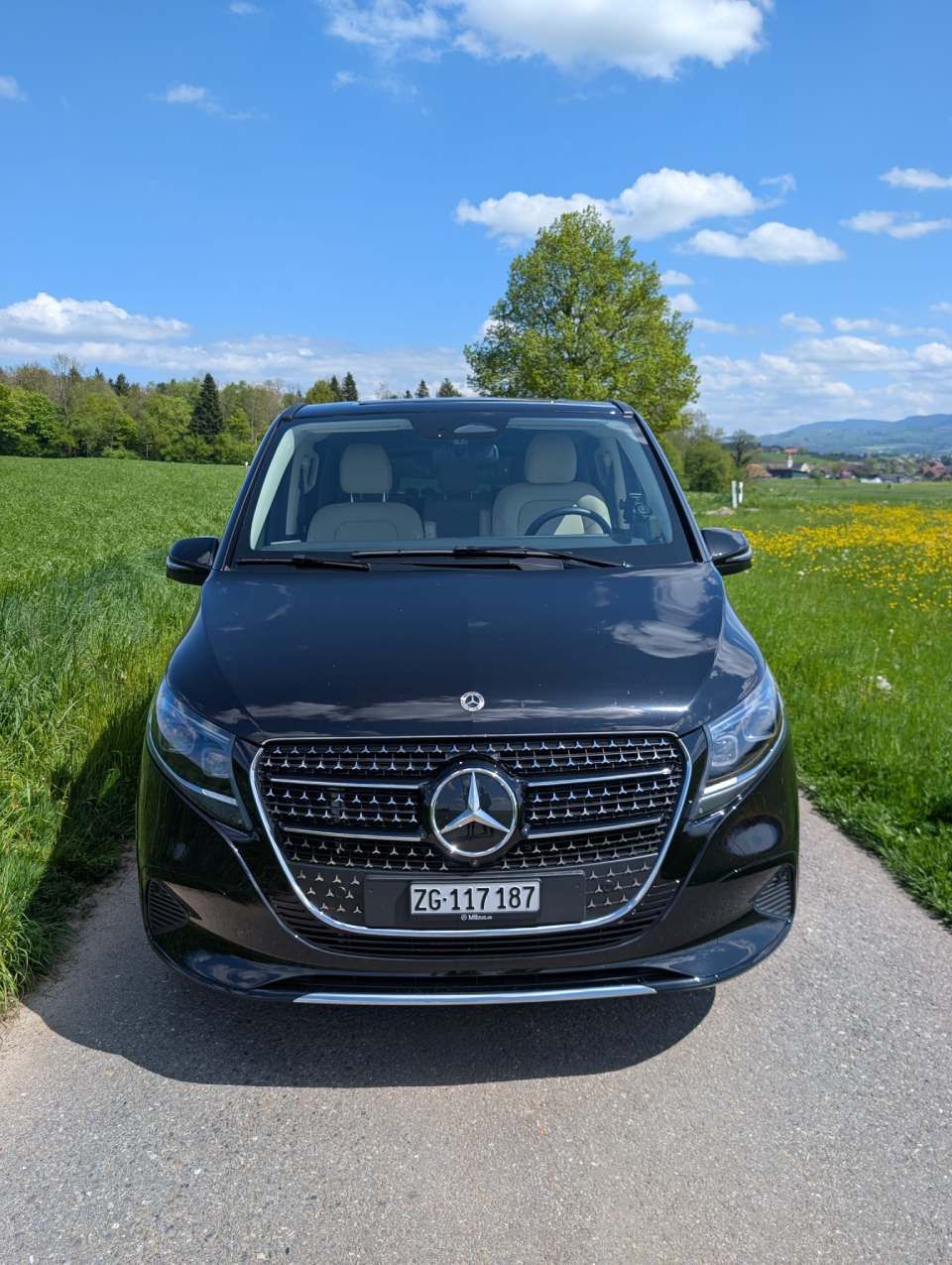 Ein schwarzer Mercedes-Transporter parkt auf einer Landstrasse neben einem grünen Feld unter blauem Himmel.