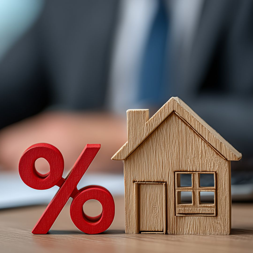 Maison en bois à côté d'un symbole de pourcentage rouge.