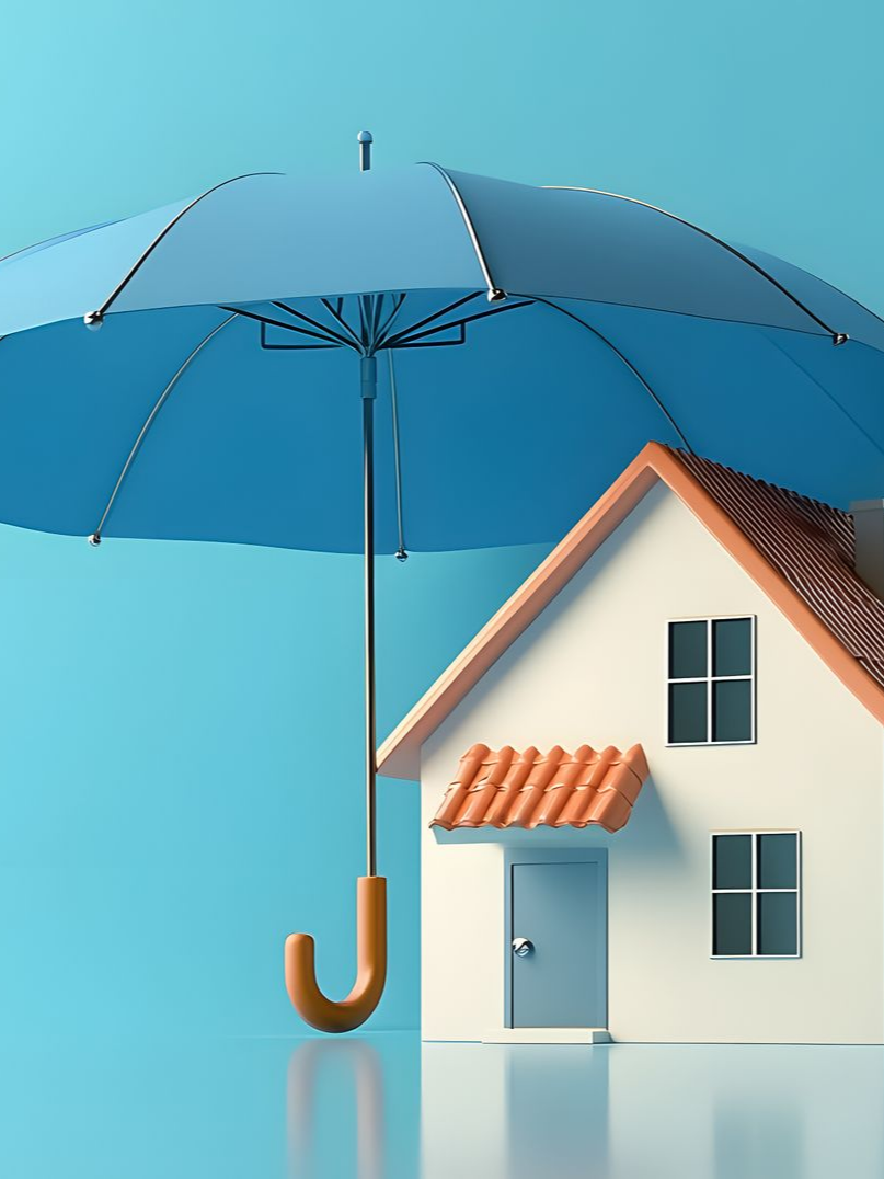 Maquette de maison abritée par un parasol bleu.