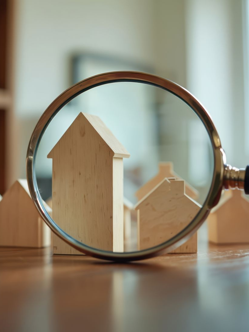 Maquettes de maisons en bois sous une loupe, symbolisant l'inspection immobilière.