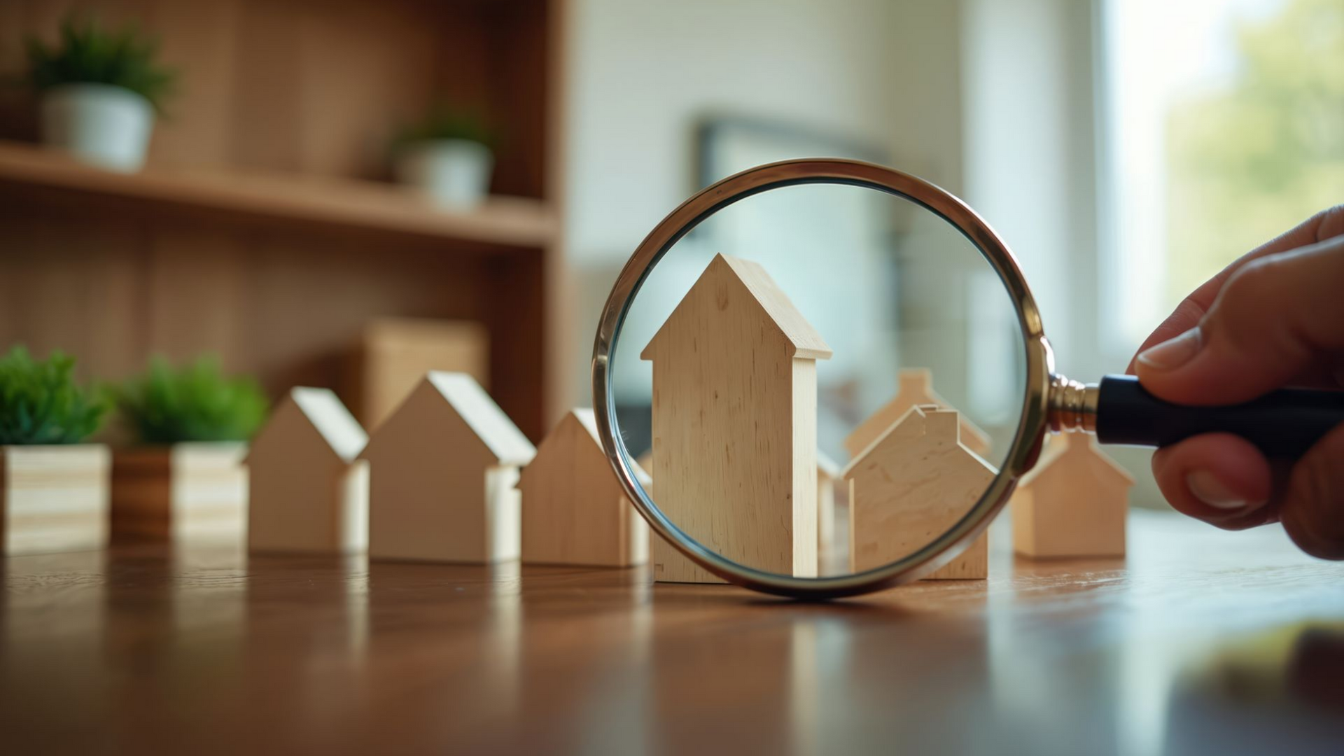 Une main tenant une loupe au-dessus de maisons miniatures en bois posées sur une table.