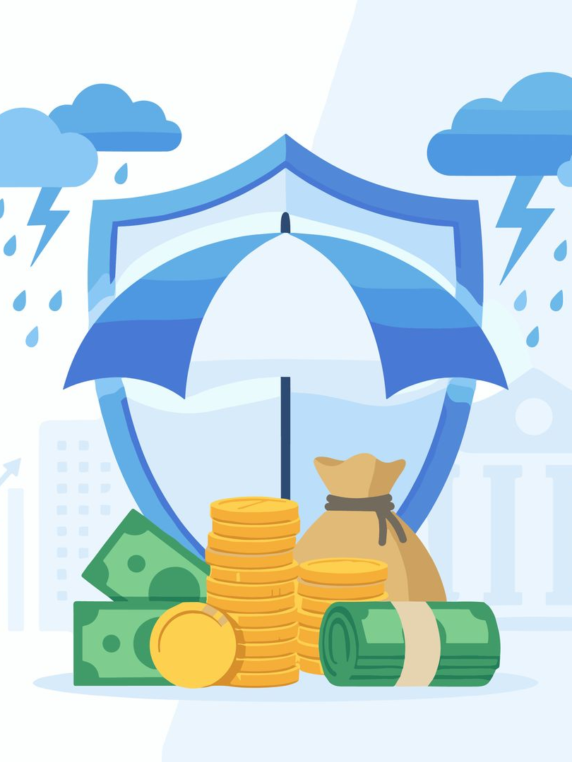 Un bouclier et un parapluie protégeant l'argent des nuages ​​orageux, symbolisant la sécurité financière.