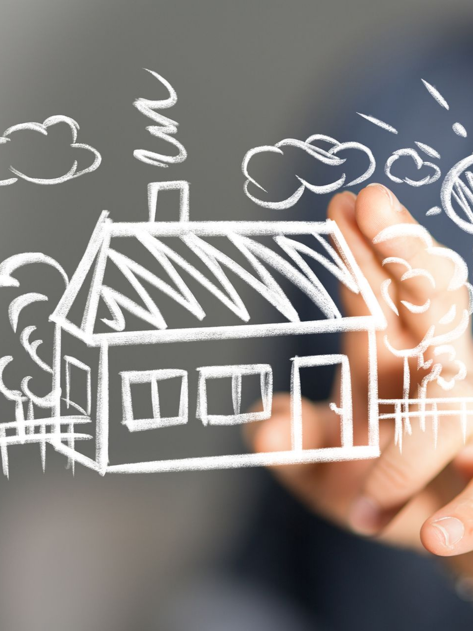 Dessin à la main d'une maison avec des nuages, des arbres et du soleil.