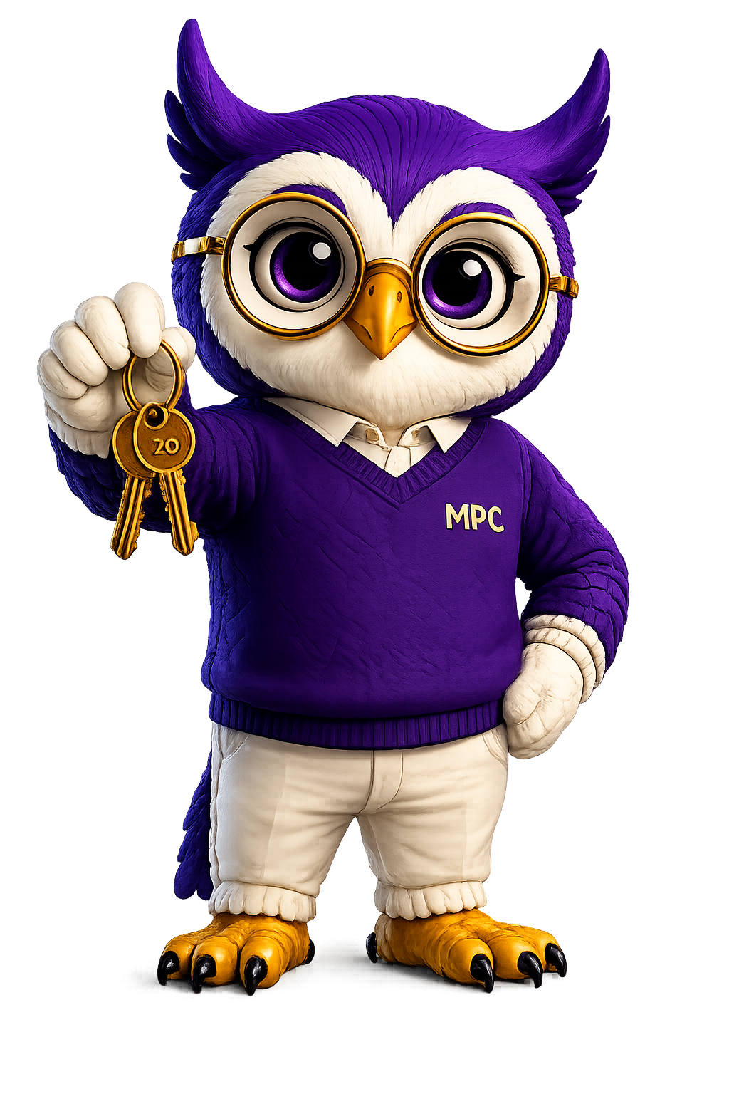 Chouette avec un pull violet qui tient des clefs