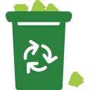 Une icône de poubelle de recyclage verte avec un symbole de recyclage universel blanc et des articles en train d'être placés à l'intérieur.