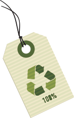 Une étiquette rectangulaire vert clair avec un symbole de recyclage vert foncé et le texte 100 % imprimé dessus.