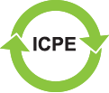 Les lettres ICPE en noir, centrées dans un symbole de flèche circulaire vert citron indiquant le recyclage ou un cycle.