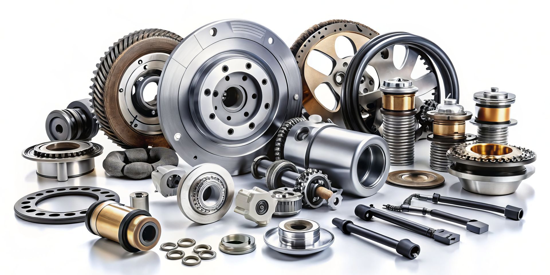 Diverses pièces automobiles métalliques brillantes disposées sur un fond blanc.