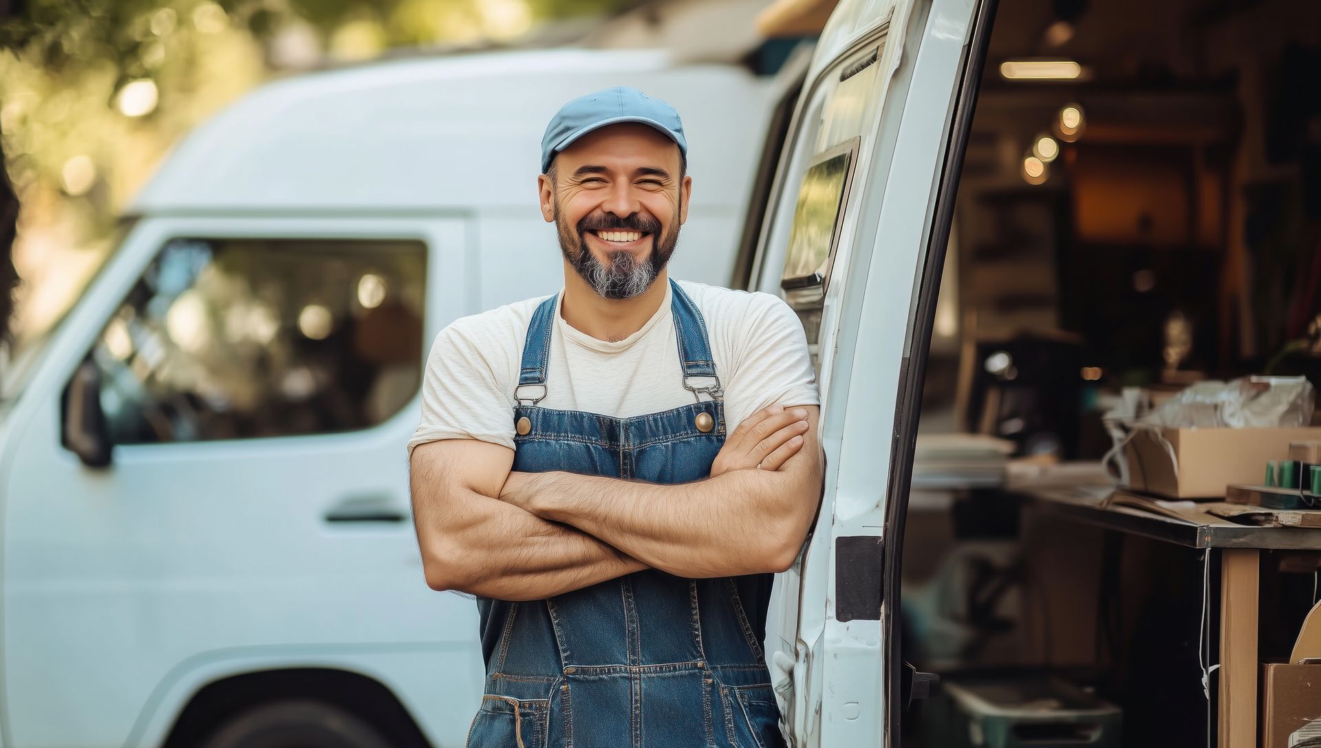 Un homme en tablier de jean sourit, les bras croisés, appuyé contre une camionnette blanche, à l'extérieur.