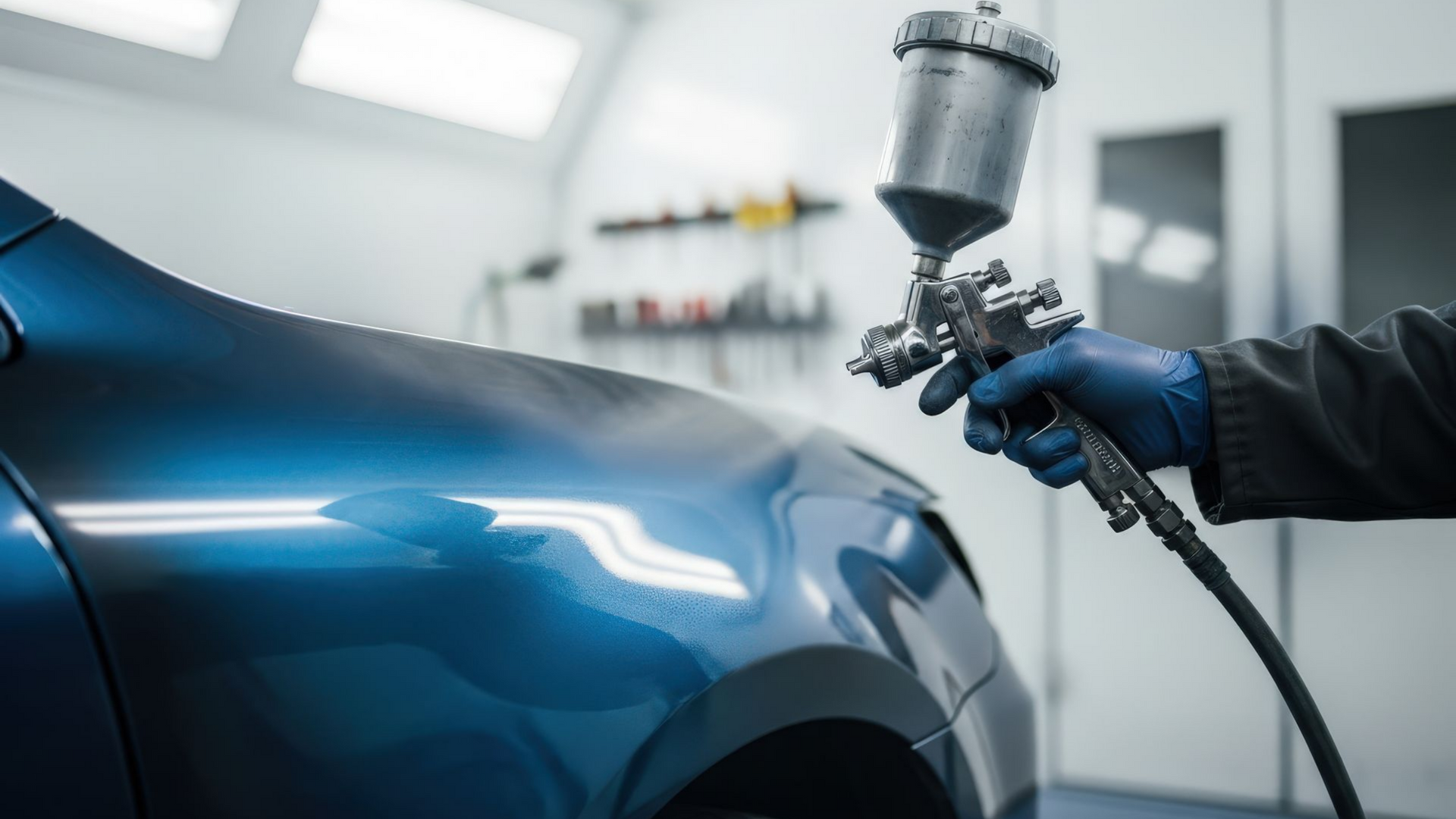 Une personne utilise un pistolet à peinture pour peindre une voiture bleue dans une cabine de peinture.