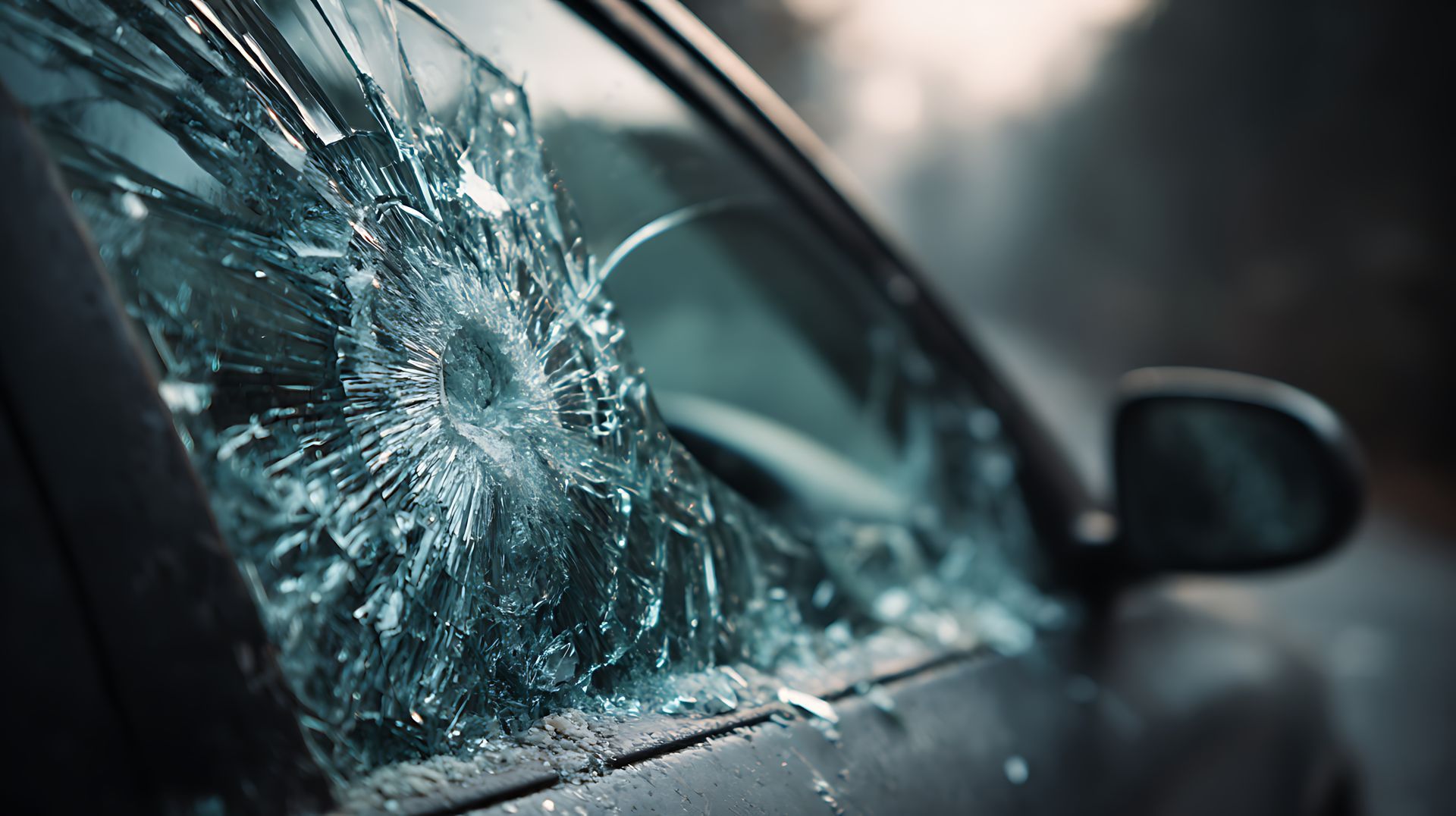 Vitre de voiture brisée ; gros plan montrant le verre fissuré et les détails du véhicule.