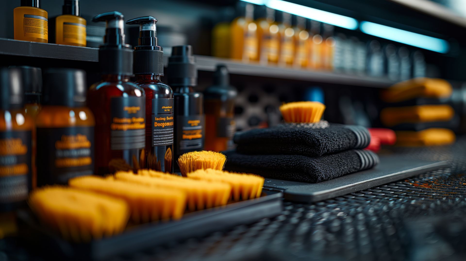 Étagère de produits de soin : flacons, brosses et serviettes dans un salon de coiffure.